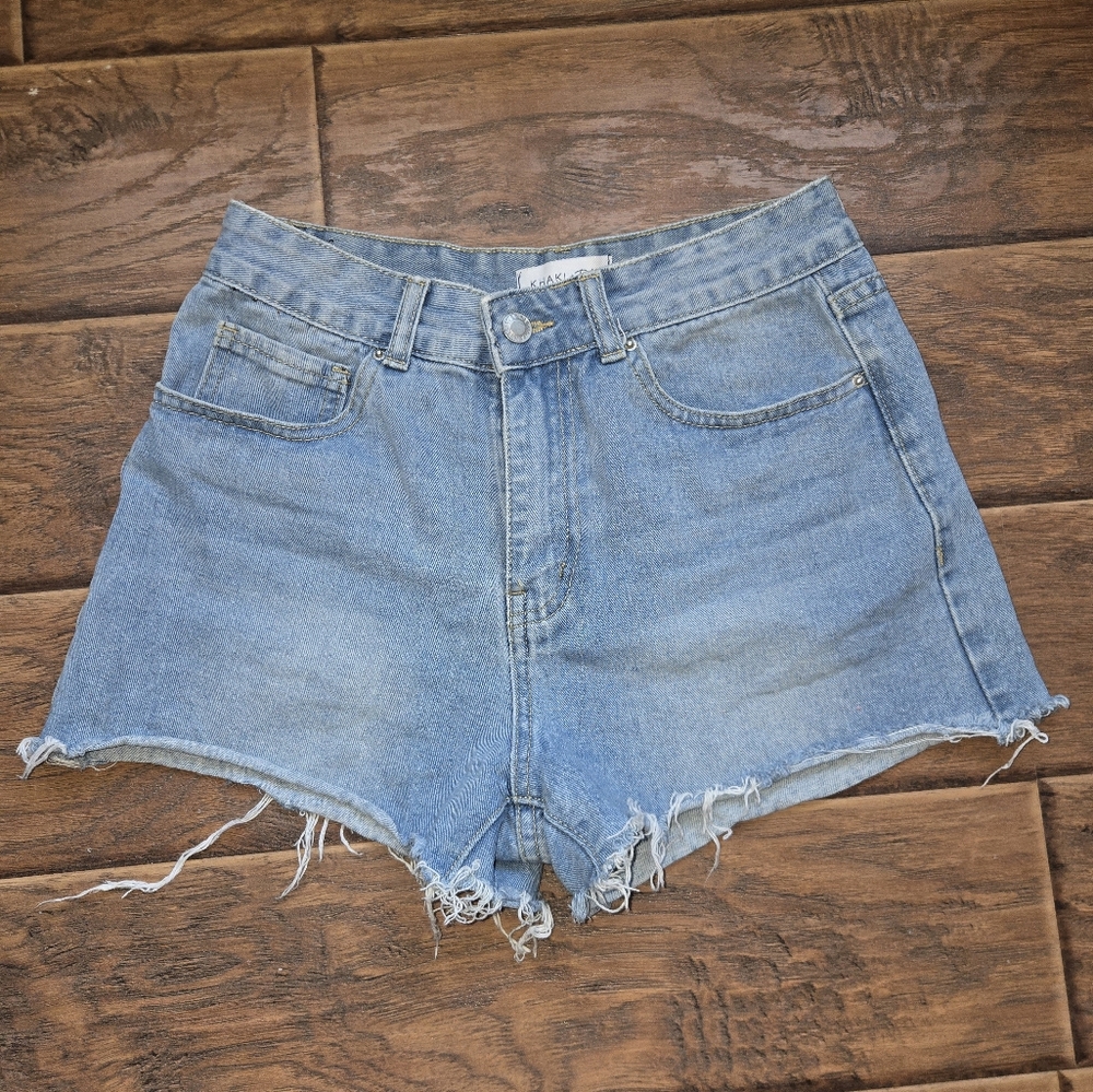 Womens Khaki & BLUE Mid-Rise Light Denim shorts With Smiley Face Pockets Size 7